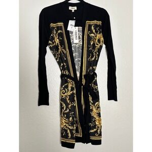 L'Agence Beverly Silk Panel Chain Longline Cardigan Womens S/M Black Tie Waist